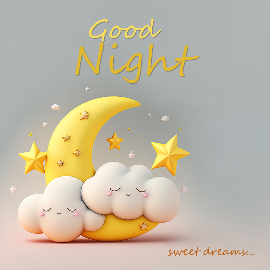 Good Night Greetings- Smiling Clouds, Yellow Crescent Moon, and Sparkling Stars